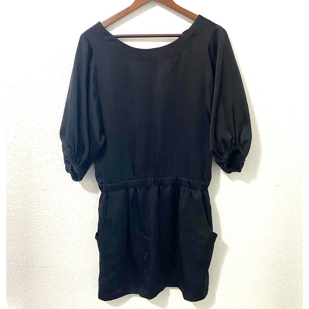 Michael Kors Black Mini Dress Size 10 Drop Waist Puff Sleeve Satin Feel Pockets
